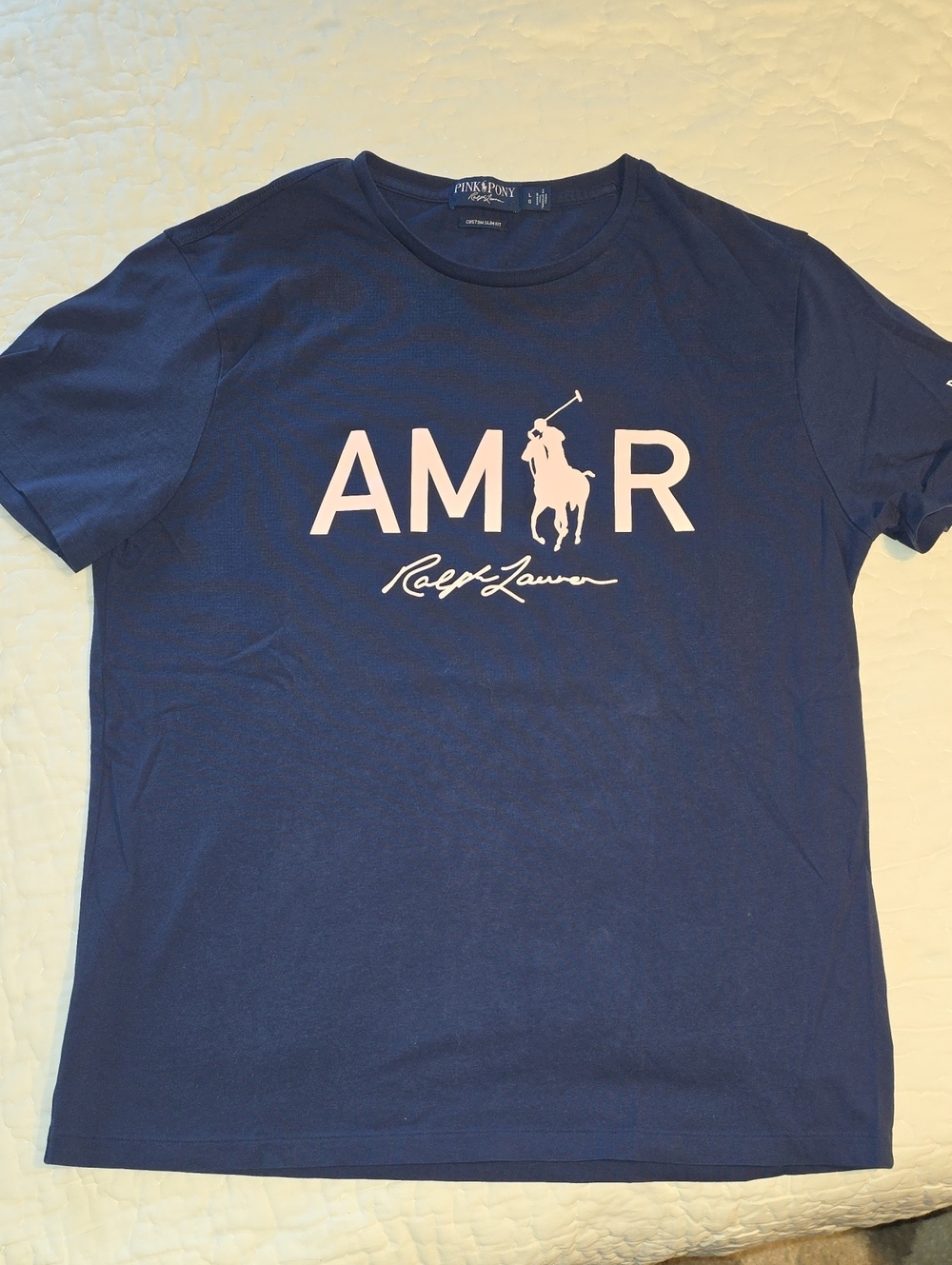 Pink Pony 20 Years Ralph Lauren Navy Tee with Pink AMOR Polo Graphic